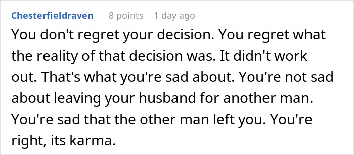 Screenshot of a social media comment discussing a woman admitting defeat by karma after her affair partner leaves her. Screenshot of a social media comment discussing a woman admitting defeat by karma after her affair partner leaves her.