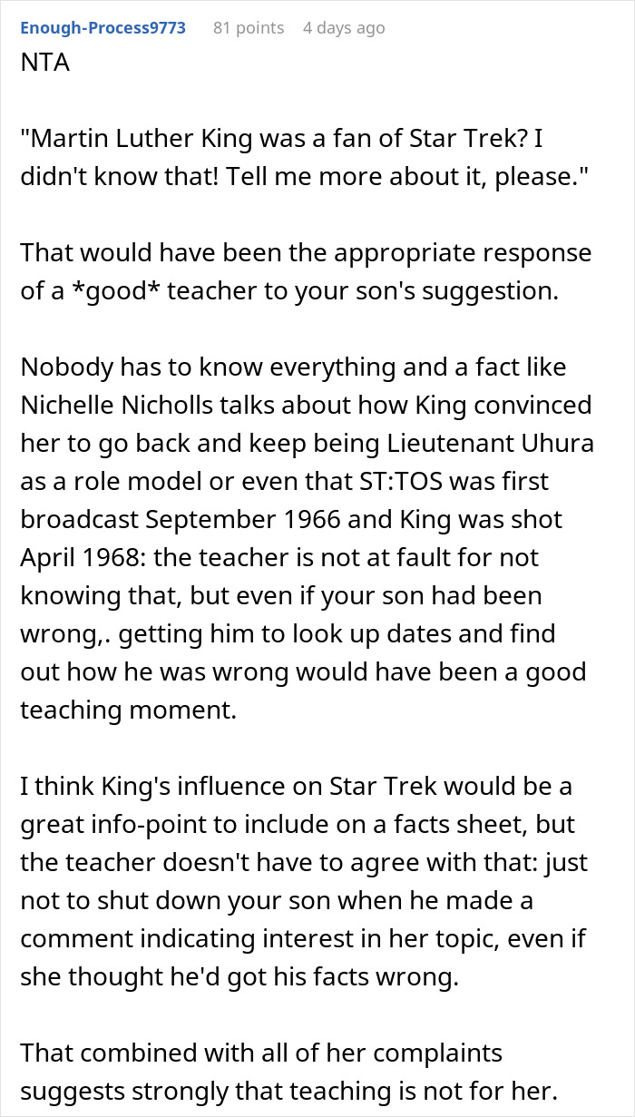 Comment explaining how a teacher was schooled by a kid who knew a fun fact his dad supported in a discussion.