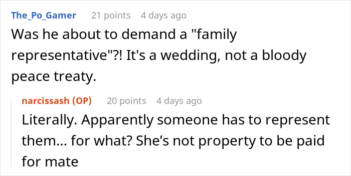 Screenshot of a Reddit conversation about estranged relatives demanding access to a wedding they were not invited to.