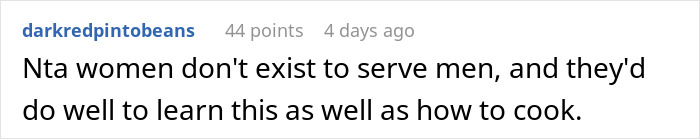 Comment text about women learning to cook, displayed with username and points, related to dad brother cooking food topic.