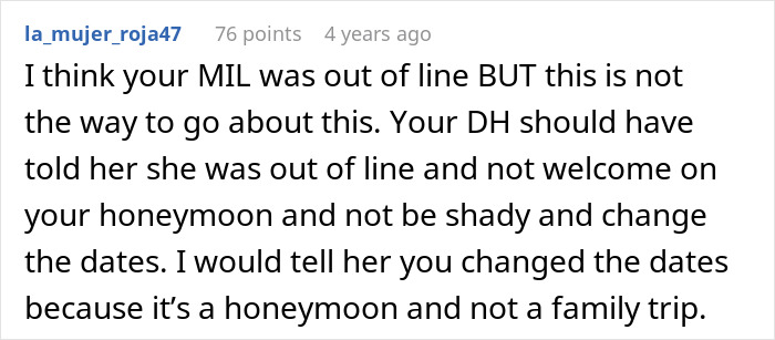 Comment discussing a husband&rsquo;s parents coming on honeymoon surprise and setting boundaries for the honeymoon trip.