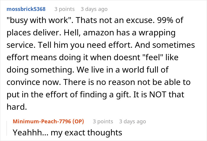 Alt text: Online discussion about a man failing to buy Christmas presents for his girlfriend and making excuses about the holiday timing.