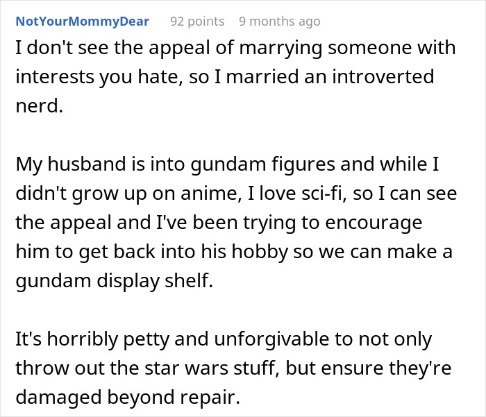 Man secretly plays video games and buys Star Wars figures after wife bans his hobbies and destroys collectibles.