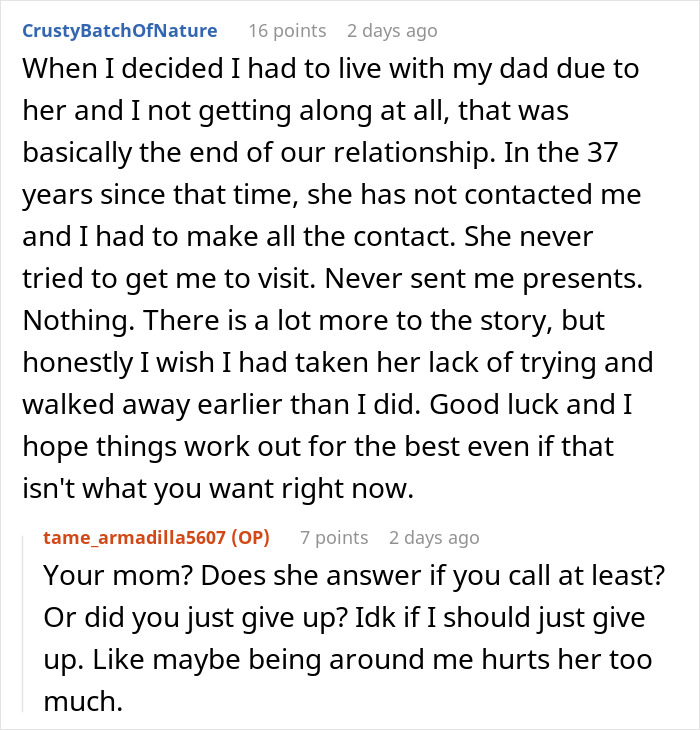 Alt text: Mom blames daughter for picking dad in divorce and refuses to involve her in her life, causing long-term estrangement.