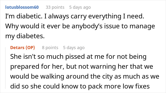 Screenshot of a discussion about a woman mad at friend for taking her on a walking trip without warning, knowing she&rsquo;s diabetic.