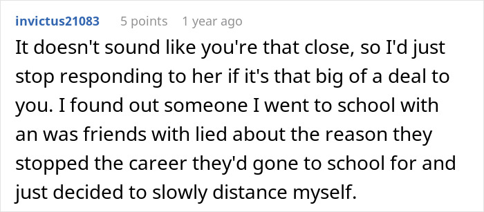 Reddit comment discussing someone who lied about their career and how it affected personal relationships.