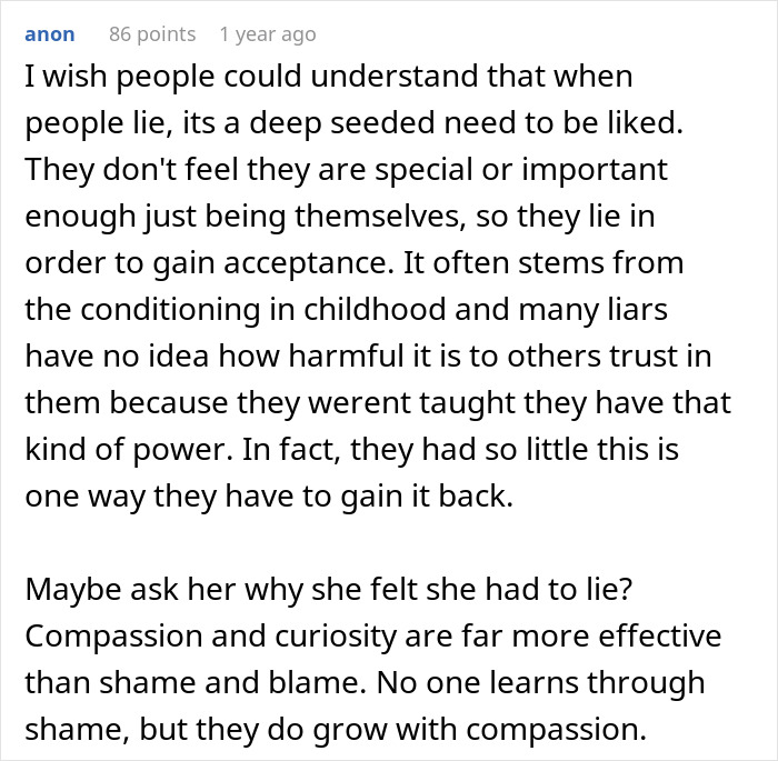 Comment discussing the psychology behind why a woman decides to lie about her career and gain acceptance.