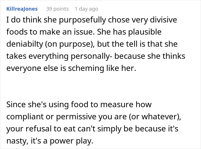 Comment explaining how expired food and refusal to eat relate to power dynamics in a pregnant woman&rsquo;s pantry conflict.