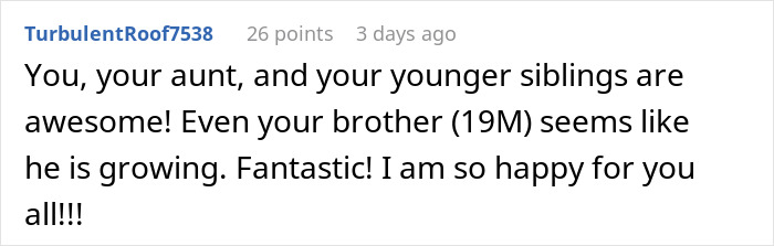 Screenshot of a comment praising family members, highlighting support amid burnout from managing chores and school stress.