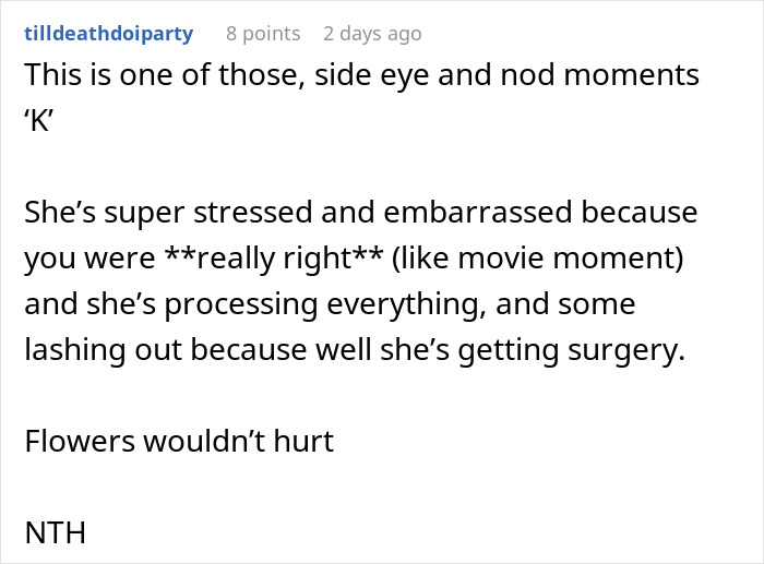 Text post discussing a husband telling wife not to use a dangerous gift from her mom, wife ignores advice and feels stressed.