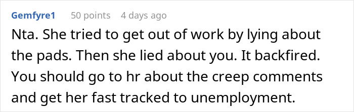 Screenshot of a Reddit comment discussing workplace conflict involving HR and accusations of creep behavior.