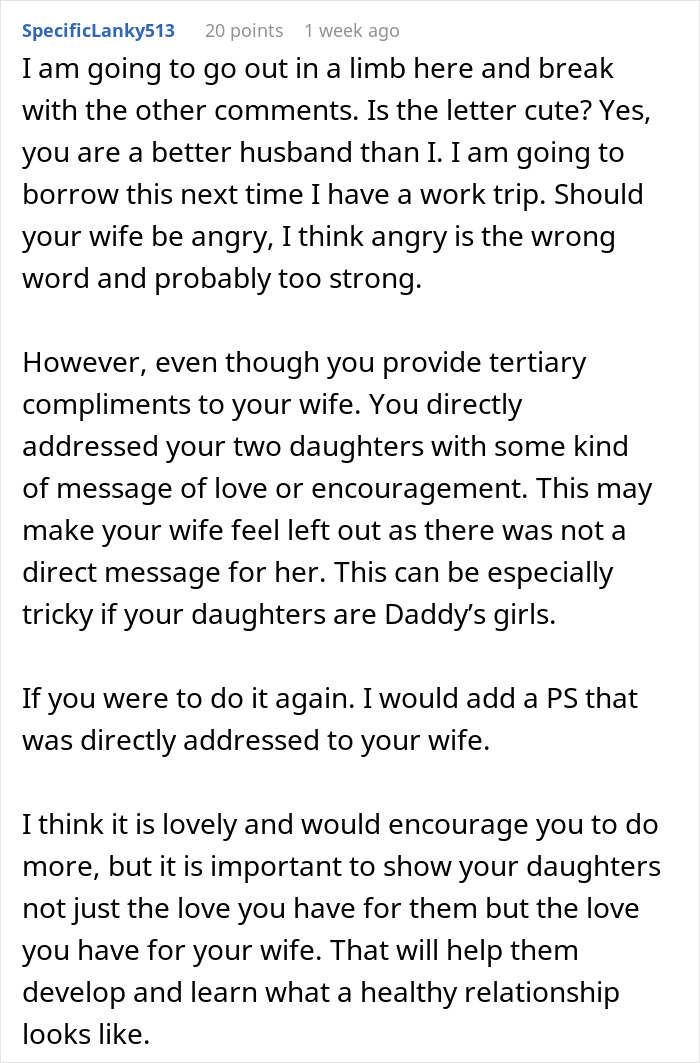 Reddit comment discussing a husband's note to wife and why she might feel upset despite his loving words to their daughters.
