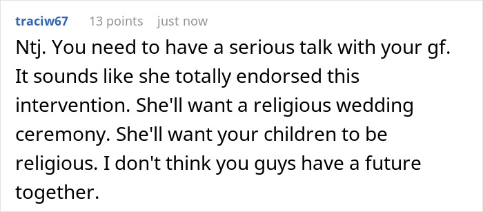 Comment discussing serious talk about religious beliefs between a girlfriend and her boyfriend in an intervention context.