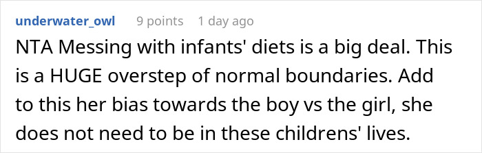 Reddit comment about boundary overstep, infant feeding, mom takes her baby and storms off