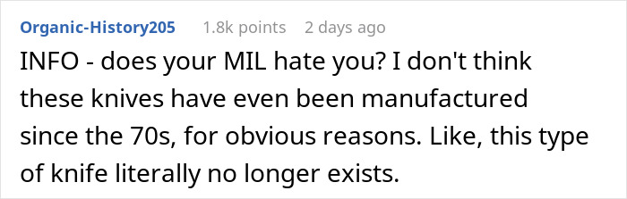 Comment discussing a husband's warning about a dangerous gift from his wife&rsquo;s mom that she chooses to ignore.