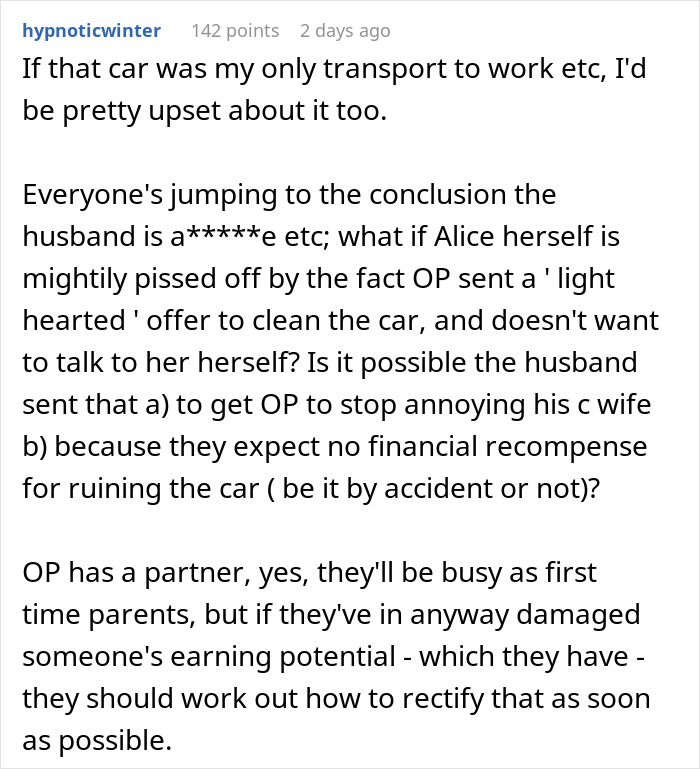 Text discussing reactions after a woman gives birth in friends' car and the friends begin ignoring her.