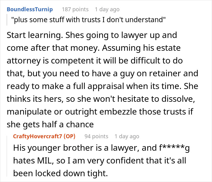Reddit comments screenshot about trusts and inheritance, Greedy Mom reaction and family legal conflict.