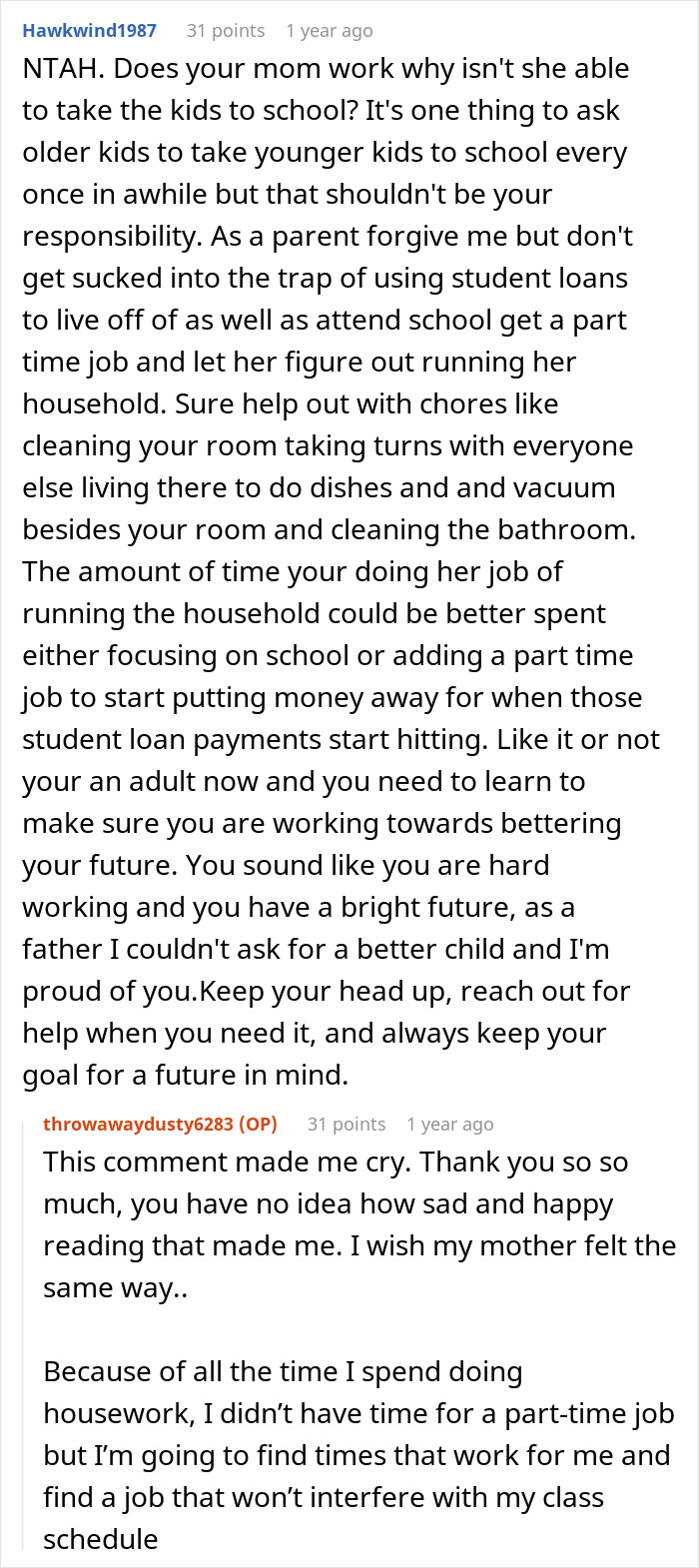Reddit discussion about 20-year-old burnout managing chores with school and reaction to being called useless by mom