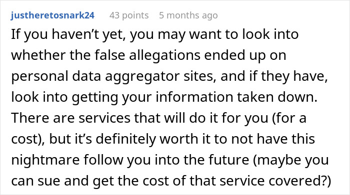 Comment discussing false allegations affecting personal data and advice on removing information from aggregator sites to avoid lasting damage.
