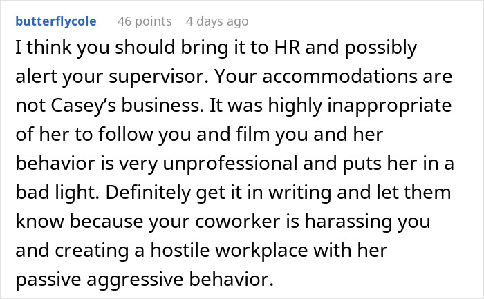 User comment advising to report coworker filming after work to HR due to harassment and unprofessional behavior.