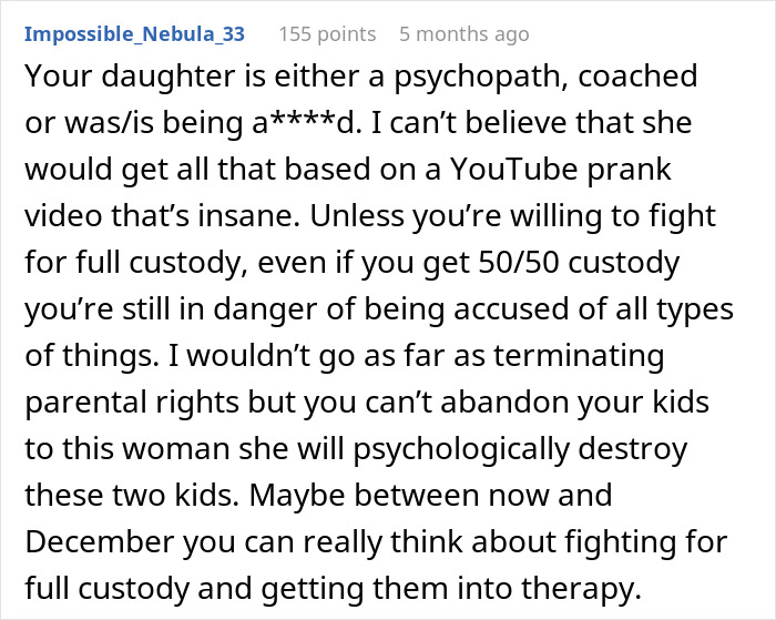 Comment advising a dad accused by his own kids to consider fighting for full custody to protect them and seek therapy.