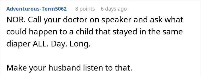 Text message about a woman horrified that MIL didn't change the kid's diaper all day, advising to call a doctor.