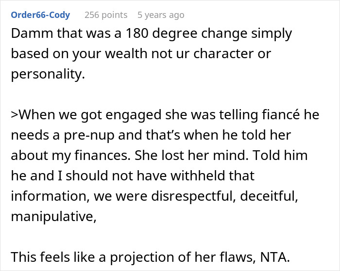 Text post discussing a woman hiding her finances from mother-in-law and the impact of her revealed wealth.