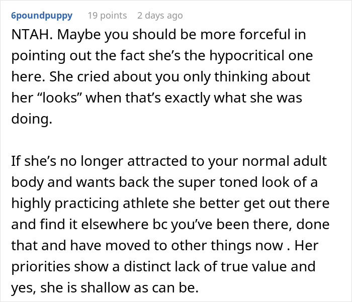 Alt text: Online comment discussing woman demanding swimmer boyfriend look like her friend&rsquo;s partner and his response