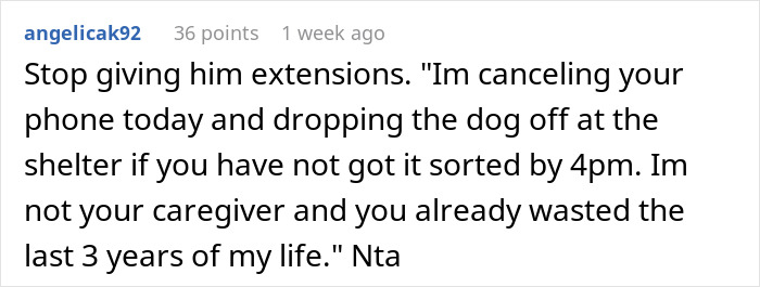 Screenshot of a Reddit comment where a woman threatens to take her ex’s dog to a shelter if unresolved by 4pm. Screenshot of a Reddit comment where a woman threatens to take her ex’s dog to a shelter if unresolved by 4pm.