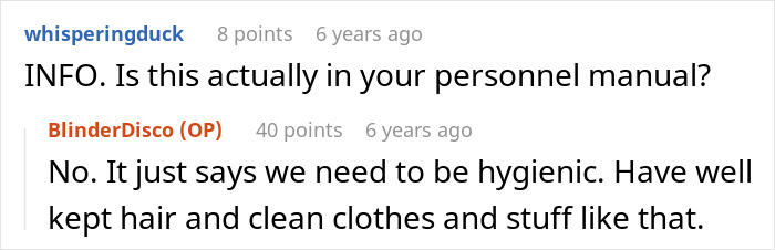 Discussion about hygiene policies and whether refusing shaving legs at work is allowed in a personnel manual debate.