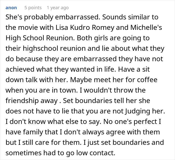 Text post discussing a woman who decides to lie about her career and makes up wild stories for years.