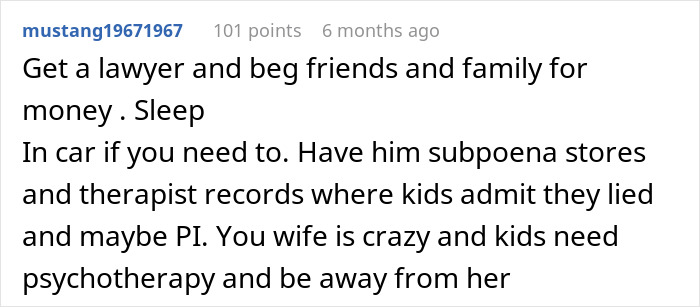 Screenshot of a forum comment with advice on dealing with accusations from kids and family legal actions.