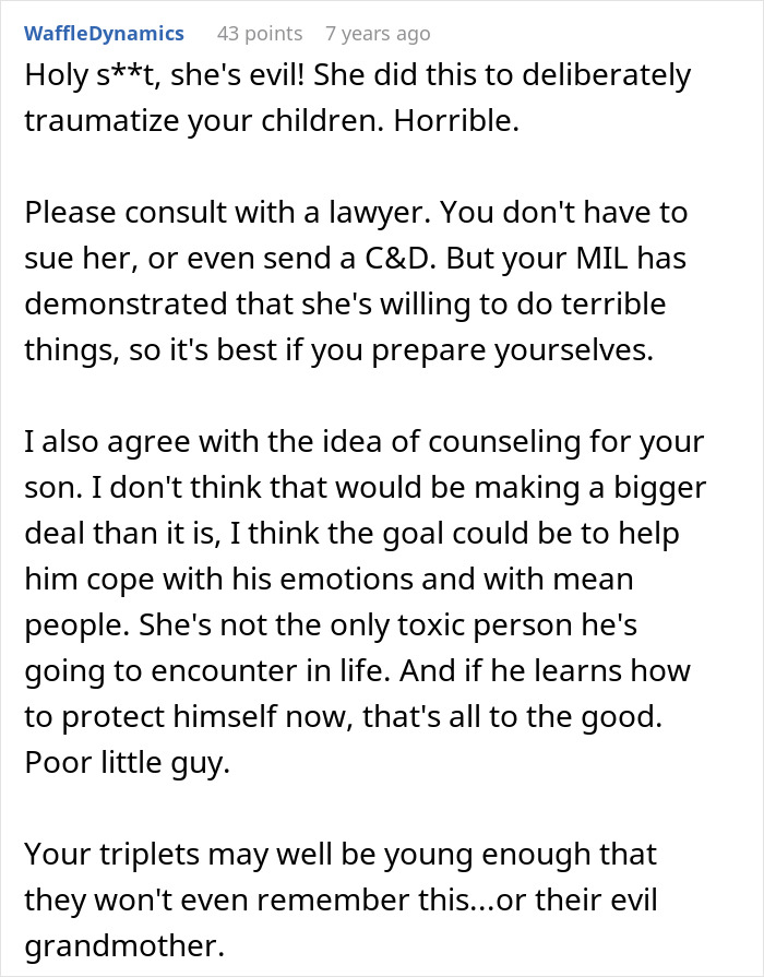 Text from user comment discussing MIL telling kids parents passed away, advising legal and counseling help for coping with trauma.