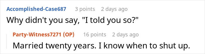 Screenshot of an online discussion about a husband telling his wife not to use a dangerous gift from her mom but she ignores him.