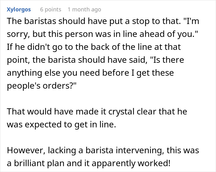Comment explaining how a barista should have stopped a guy trying to skip the coffee line every morning, highlighting a clever plan. - 27