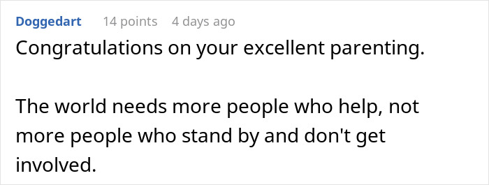 Screenshot of a comment praising parenting after dad takes son out to celebrate punching a bully, ex-wife disapproves.