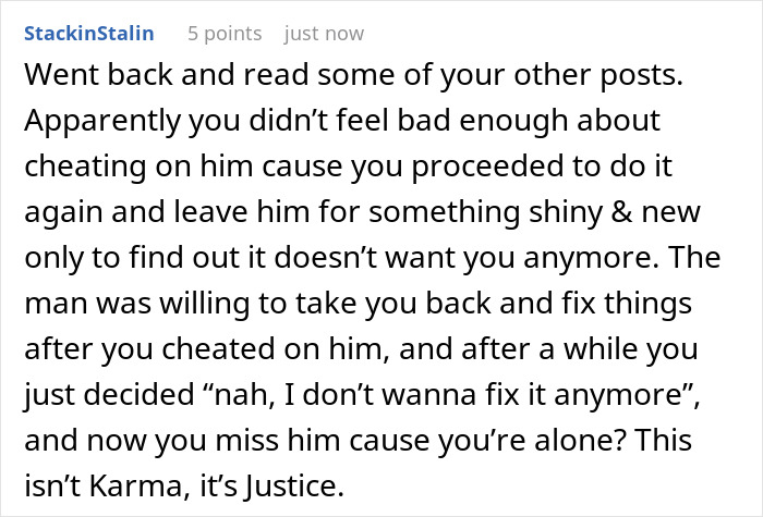 Text post showing a woman admitting defeat by karma after her affair partner leaves her for cheating on her husband. Text post showing a woman admitting defeat by karma after her affair partner leaves her for cheating on her husband.