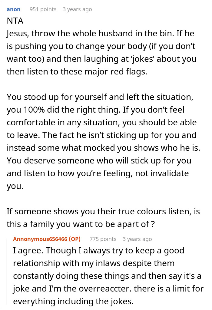 Screenshot of a Reddit discussion about a husband calling his daughter-in-law fat and the impact on their relationship.