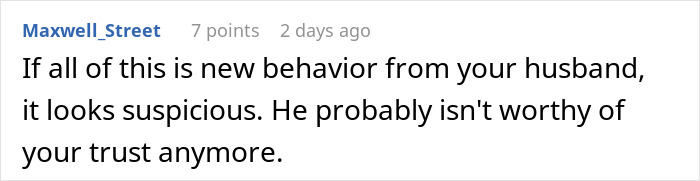 Comment discussing husband&rsquo;s suspicious behavior and loss of trust from a woman venting about her relationship.