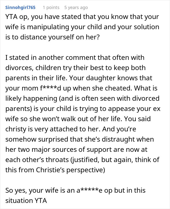 Reddit comment discussing a dad feeling guilty for distancing from daughter amidst messy divorce and uncovering heartbreaking truth.