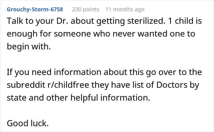Reddit comment advising sterilization and childfree resources, highlighting mom regrets becoming a parent and feeling trapped