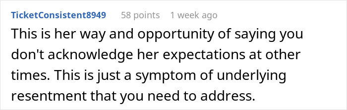 Screenshot of an online comment discussing a husband's note to wife and her reaction, highlighting underlying resentment.