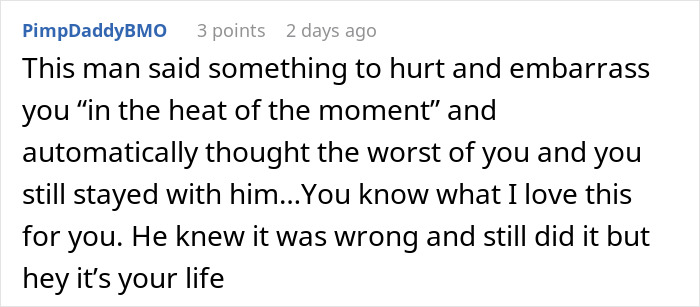 Screenshot of an online comment discussing a man showing his true colors after assuming fianc&eacute;e is pregnant, causing shock.