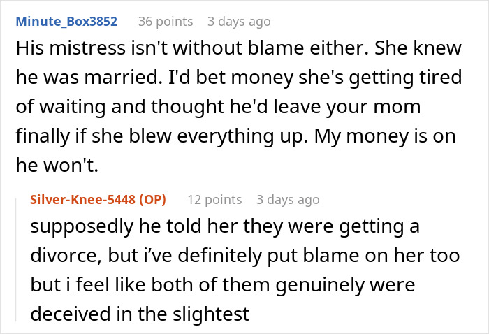 Text exchange revealing dad&rsquo;s mistress and adult daughter uncover months-long affair, leaving mom devastated on NYE.