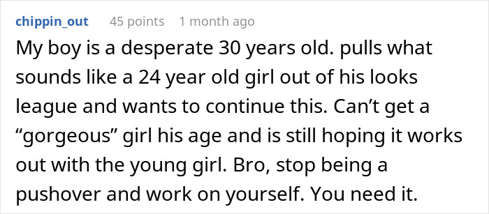 Screenshot of a Reddit comment about a man&rsquo;s struggles with dating a younger woman and relationship challenges.