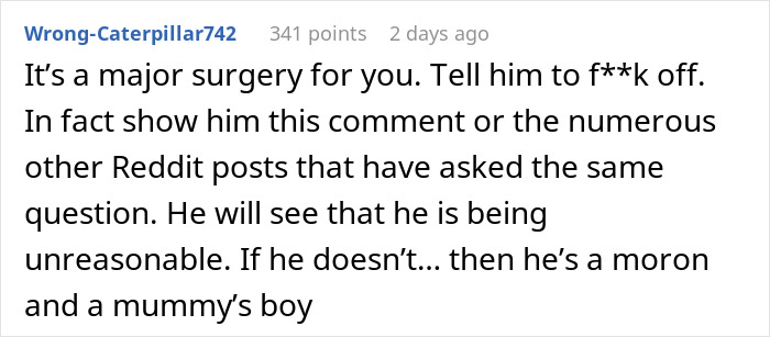 Comment advising a pregnant woman to reject fianc&eacute;&rsquo;s mom in delivery room, highlighting unreasonable compromise request.