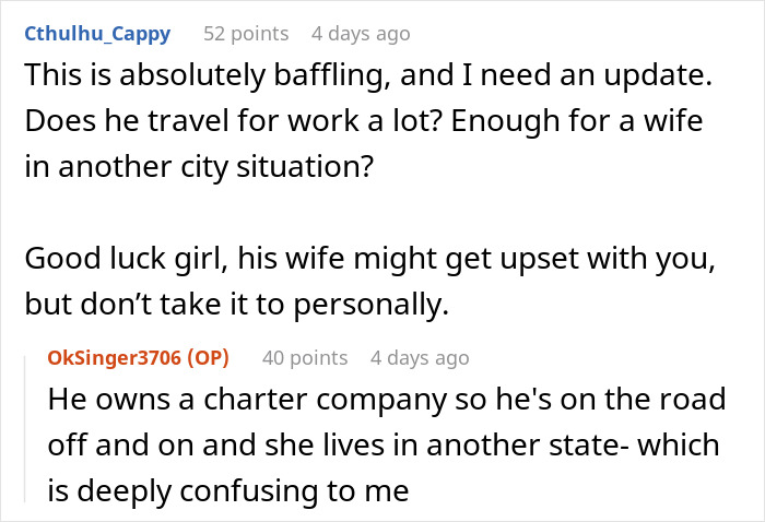 Reddit conversation discussing a confusing 4-year relationship where the lady was unknowingly the mistress.
