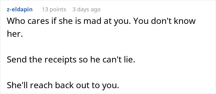 Text comment about a troubled relationship, mentioning the mistress and asking to send receipts to prove the truth.