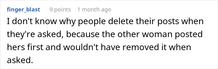 Comment on social media thread explaining confusion over deleted posts in a backyard complaint story.