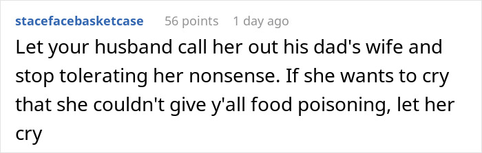 Comment about pregnant woman declining expired food from her pantry, causing tension with mother-in-law.